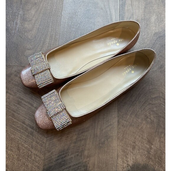 Kate Spade Flats Rose Gold Glitter Niesha Jeweled Bow Made in Italy Size 10 - Picture 1 of 10